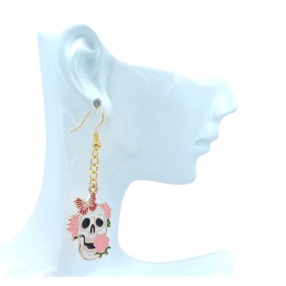 Pink Rose Skull Earrings with Butterfly 💀🌸🦋 - Picture 2 of 4